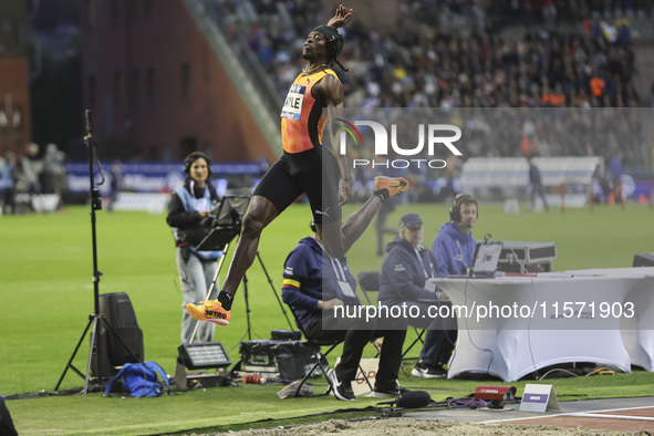 Tajay Gayle of Jamaica competes in Men's Long Jump during the Wanda Diamond League 2024 final event, an athletics meeting. The Jamaican long...