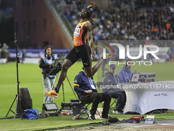 Tajay Gayle of Jamaica competes in Men's Long Jump during the Wanda Diamond League 2024 final event, an athletics meeting. The Jamaican long...