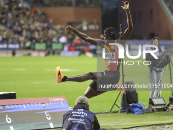 Tajay Gayle of Jamaica competes in Men's Long Jump during the Wanda Diamond League 2024 final event, an athletics meeting. The Jamaican long...