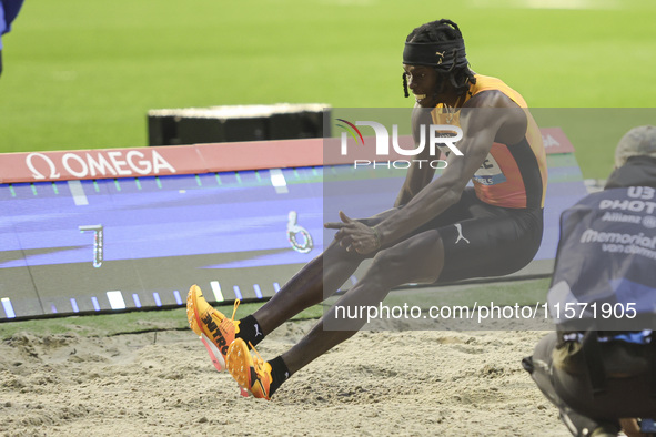 Tajay Gayle of Jamaica competes in Men's Long Jump during the Wanda Diamond League 2024 final event, an athletics meeting. The Jamaican long...