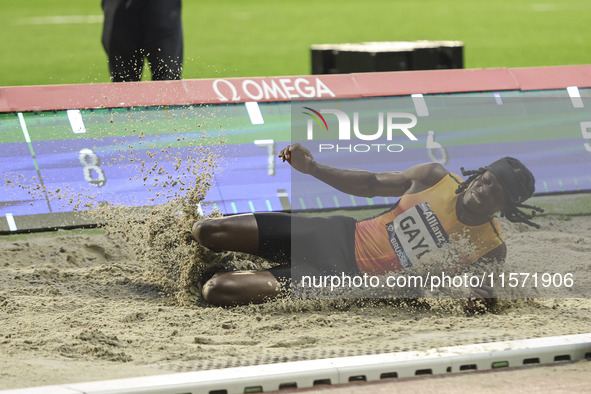 Tajay Gayle of Jamaica competes in Men's Long Jump during the Wanda Diamond League 2024 final event, an athletics meeting. The Jamaican long...