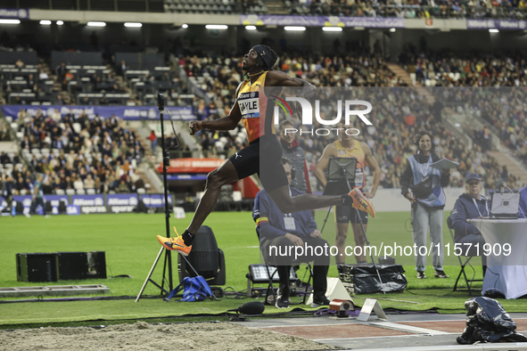 Tajay Gayle of Jamaica competes in Men's Long Jump during the Wanda Diamond League 2024 final event, an athletics meeting. The Jamaican long...