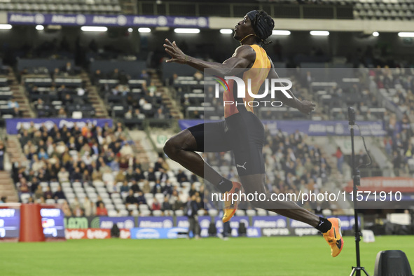 Tajay Gayle of Jamaica competes in Men's Long Jump during the Wanda Diamond League 2024 final event, an athletics meeting. The Jamaican long...