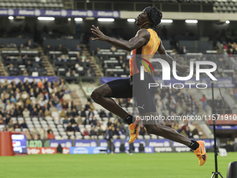 Tajay Gayle of Jamaica competes in Men's Long Jump during the Wanda Diamond League 2024 final event, an athletics meeting. The Jamaican long...