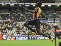 Tajay Gayle of Jamaica competes in Men's Long Jump during the Wanda Diamond League 2024 final event, an athletics meeting. The Jamaican long...