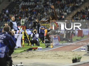 Tajay Gayle of Jamaica competes in Men's Long Jump during the Wanda Diamond League 2024 final event, an athletics meeting. The Jamaican long...