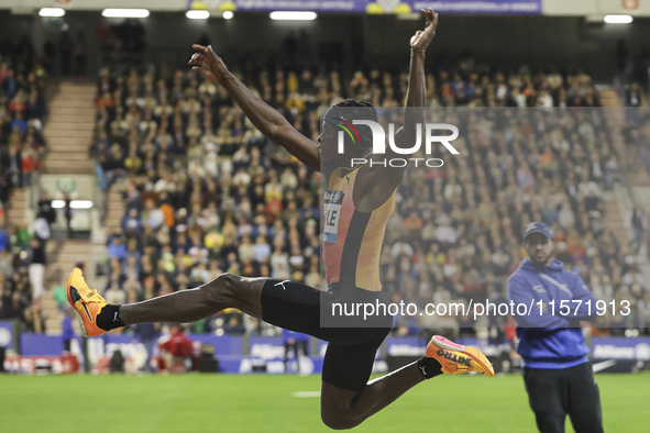 Tajay Gayle of Jamaica competes in Men's Long Jump during the Wanda Diamond League 2024 final event, an athletics meeting. The Jamaican long...