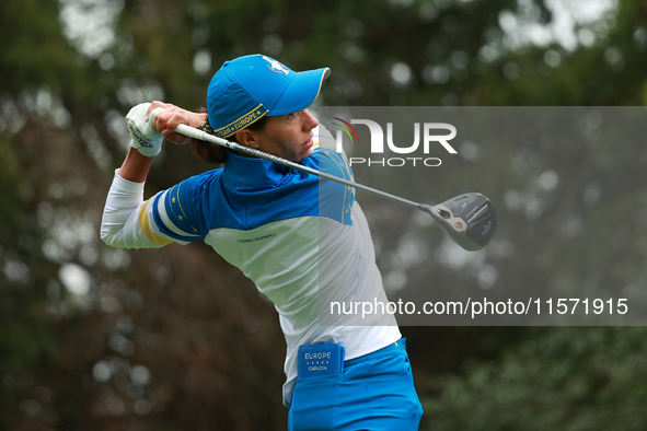 GAINESVILLE, VIRGINIA - SEPTEMBER 13: Carlota Ciganda of Team Europe plays her tee shot on the third green during Foursome Matches on Day On...