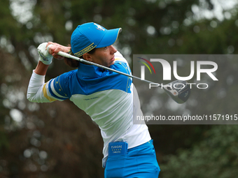 GAINESVILLE, VIRGINIA - SEPTEMBER 13: Carlota Ciganda of Team Europe plays her tee shot on the third green during Foursome Matches on Day On...