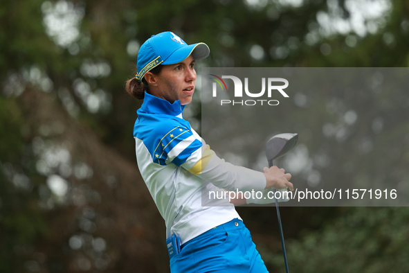 GAINESVILLE, VIRGINIA - SEPTEMBER 13: Carlota Ciganda of Team Europe plays her tee shot on the third green during Foursome Matches on Day On...