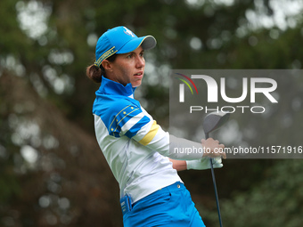 GAINESVILLE, VIRGINIA - SEPTEMBER 13: Carlota Ciganda of Team Europe plays her tee shot on the third green during Foursome Matches on Day On...