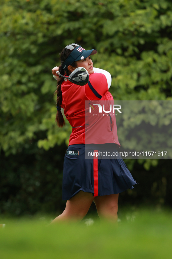 GAINESVILLE, VIRGINIA - SEPTEMBER 13: Lilia Vu of of Team USA plays her tee shot on the third hole during Foursome Matches on Day One of the...