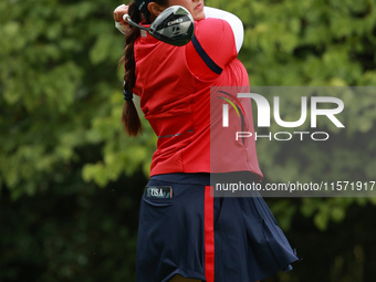 GAINESVILLE, VIRGINIA - SEPTEMBER 13: Lilia Vu of of Team USA plays her tee shot on the third hole during Foursome Matches on Day One of the...