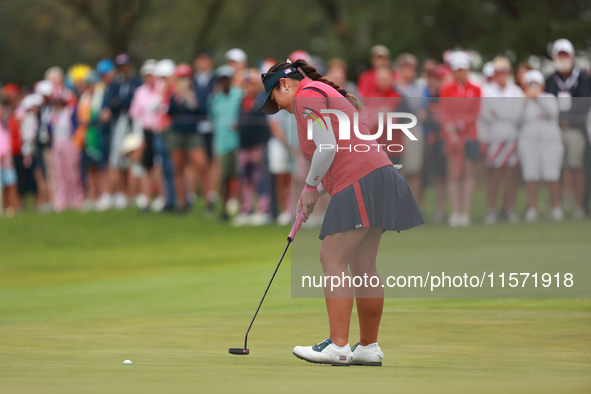 GAINESVILLE, VIRGINIA - SEPTEMBER 13: Lilia Vu of of Team USA follows her putt on the third green during Foursome Matches on Day One of the...