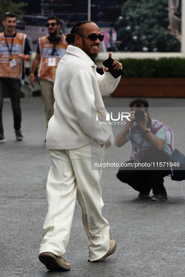 Lewis Hamilton of Mercedes before first practice ahead of the Formula 1 Grand Prix of Azerbaijan at Baku City Circuit in Baku, Azerbaijan on...