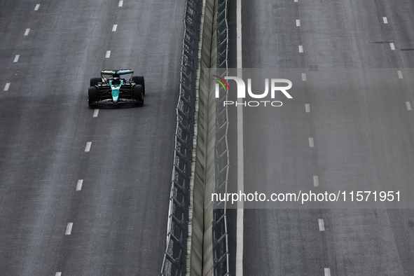 Lance Stroll of Aston Martin Aramco during first practice ahead of the Formula 1 Grand Prix of Azerbaijan at Baku City Circuit in Baku, Azer...