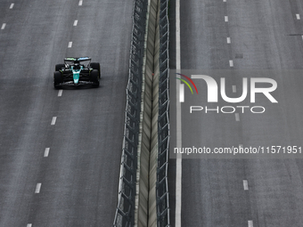 Lance Stroll of Aston Martin Aramco during first practice ahead of the Formula 1 Grand Prix of Azerbaijan at Baku City Circuit in Baku, Azer...