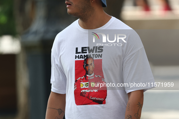 A fan with Lewis Hamilton Ferrari t-shirt during first practice ahead of the Formula 1 Grand Prix of Azerbaijan at Baku City Circuit in Baku...