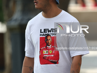 A fan with Lewis Hamilton Ferrari t-shirt during first practice ahead of the Formula 1 Grand Prix of Azerbaijan at Baku City Circuit in Baku...