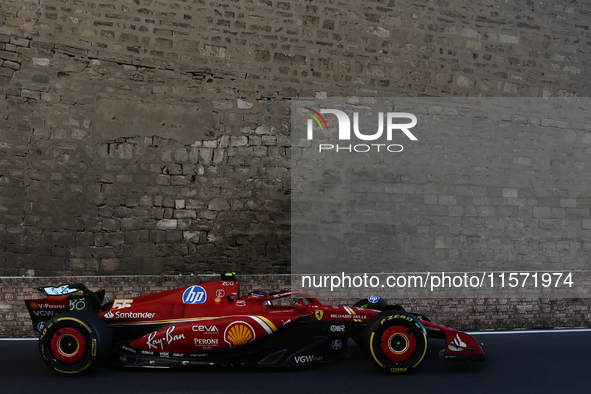 Carlos Sainz of Ferrari during second practice ahead of the Formula 1 Grand Prix of Azerbaijan at Baku City Circuit in Baku, Azerbaijan on S...