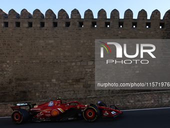 Carlos Sainz of Ferrari during second practice ahead of the Formula 1 Grand Prix of Azerbaijan at Baku City Circuit in Baku, Azerbaijan on S...