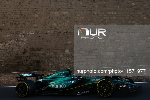 Fernando Alonso of Aston Martin Aramco during second practice ahead of the Formula 1 Grand Prix of Azerbaijan at Baku City Circuit in Baku,...