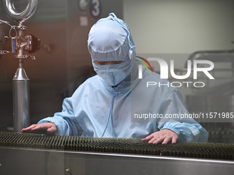 A worker checks a glass ampoule at a pharmaceutical company in Suqian, China, on September 13, 2024. (