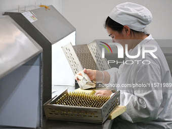 A worker tests diclofenac sodium injection at a pharmaceutical company in Suqian, China, on September 13, 2024. (