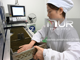 A worker places glass ampoules at a pharmaceutical company in Suqian, China, on September 13, 2024. (