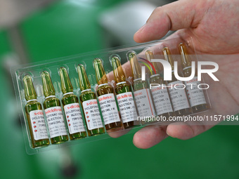 A worker shows a finished product of diclofenac sodium injection at a pharmaceutical company in Suqian, China, on September 13, 2024. (