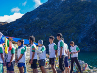 Runners participate in the first Timbung Pokhari Trail Run competition in Taplejung, Nepal, on September 11, 2024. (