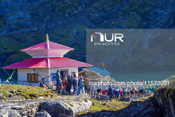 Runners participate in the first Timbung Pokhari Trail Run competition in Taplejung, Nepal, on September 11, 2024. 