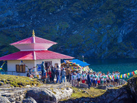 Runners participate in the first Timbung Pokhari Trail Run competition in Taplejung, Nepal, on September 11, 2024. (