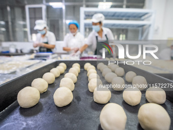 Workers make handmade mooncakes at a food production workshop in Bijie, China, on September 12, 2024. (