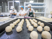 Workers make handmade mooncakes at a food production workshop in Bijie, China, on September 12, 2024. (