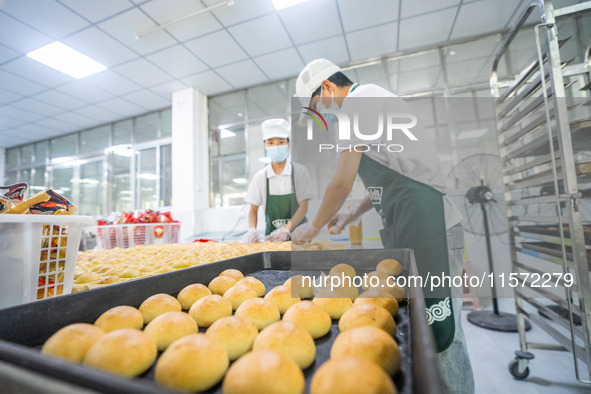 Workers make handmade mooncakes at a food production workshop in Bijie, China, on September 12, 2024. 