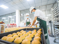 Workers make handmade mooncakes at a food production workshop in Bijie, China, on September 12, 2024. (