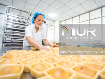 Workers make handmade mooncakes at a food production workshop in Bijie, China, on September 12, 2024. (