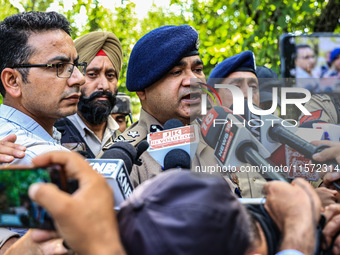 IGP Kashmir VK Birdi speaks to the media at the encounter site in Kreeri, Baramulla, Jammu and Kashmir, India, on September 14, 2024. (