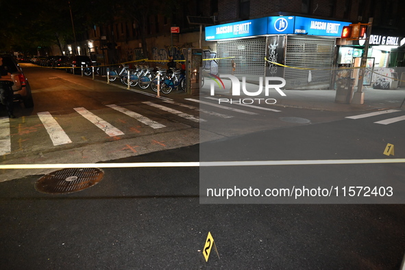 Evidence markers are at the scene. A 24-year-old man is shot and killed in Bronx, New York, United States, on September 13, 2024. At approxi...