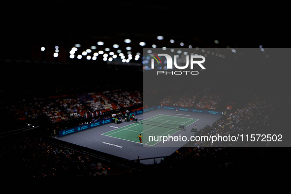 Roberto Bautista Agut of Spain plays against Arthur Fils of France during the 2024 Davis Cup Group B Stage match between France and Spain at...