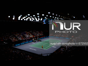 Roberto Bautista Agut of Spain plays against Arthur Fils of France during the 2024 Davis Cup Group B Stage match between France and Spain at...