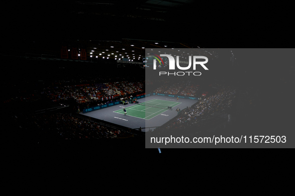 Arthur Fils of France serves during the game against Roberto Bautista Agut during the 2024 Davis Cup Group B Stage match between France and...