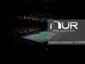 Arthur Fils of France serves during the game against Roberto Bautista Agut during the 2024 Davis Cup Group B Stage match between France and...