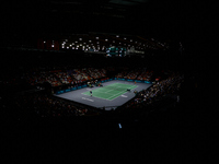 Arthur Fils of France serves during the game against Roberto Bautista Agut during the 2024 Davis Cup Group B Stage match between France and...