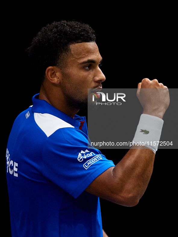 Arthur Fils of France celebrates a point during the game against Roberto Bautista Agut during the 2024 Davis Cup Group B Stage match between...