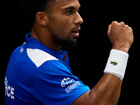 Arthur Fils of France celebrates a point during the game against Roberto Bautista Agut during the 2024 Davis Cup Group B Stage match between...