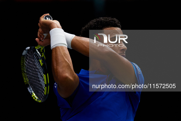 Arthur Fils of France plays against Roberto Bautista Agut during the 2024 Davis Cup Group B Stage match between France and Spain at Pabellon...