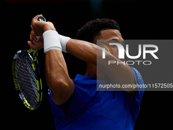 Arthur Fils of France plays against Roberto Bautista Agut during the 2024 Davis Cup Group B Stage match between France and Spain at Pabellon...