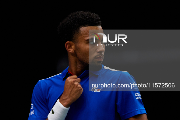 Arthur Fils of France reacts during the game against Roberto Bautista Agut during the 2024 Davis Cup Group B Stage match between France and...